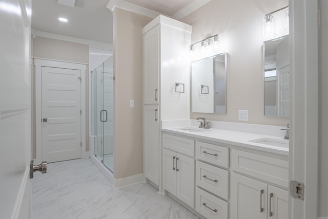 228 Michelle Dr, Beebe, AR 72012 - bathroom with double vanity, a shower stall, marble look tiles, recessed lighting, and baseboards