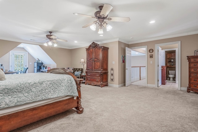 bedroom with crown molding, light colored carpet, baseboards, and a ceiling fan