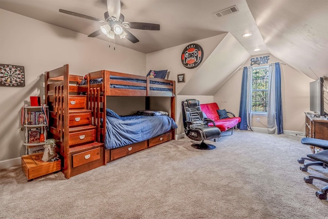carpeted bedroom with a ceiling fan, vaulted ceiling, visible vents, recessed lighting, and baseboards