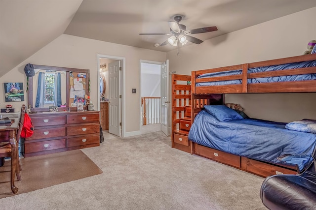 bedroom featuring baseboards, a ceiling fan, carpet flooring, and lofted ceiling