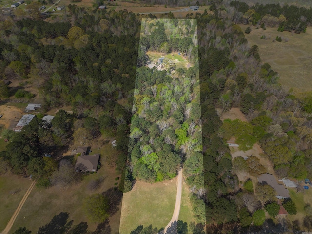 bird's eye view featuring a wooded view