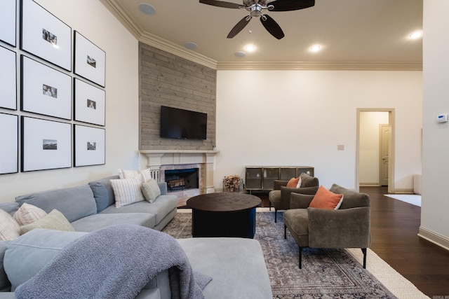 3 Commentry Dr, Little Rock, AR 72223 - living area featuring baseboards, ornamental molding, a ceiling fan, a fireplace, and wood finished floors