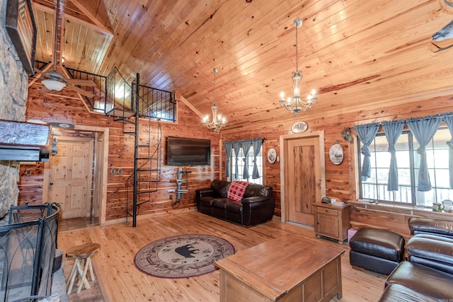 208 Mountain Dr, Perryville, AR 72126 - living area featuring high vaulted ceiling, an inviting chandelier, wood ceiling, wood walls, and wood-type flooring