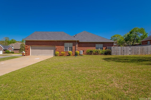ranch-style home featuring a garage, brick siding, central AC, and driveway