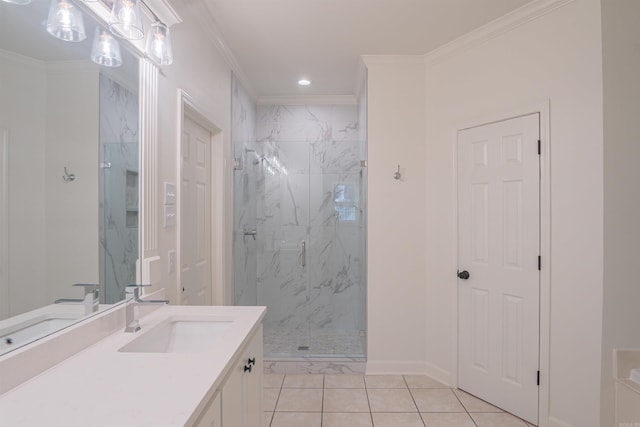 bathroom featuring baseboards, crown molding, recessed lighting, vanity, and a marble finish shower