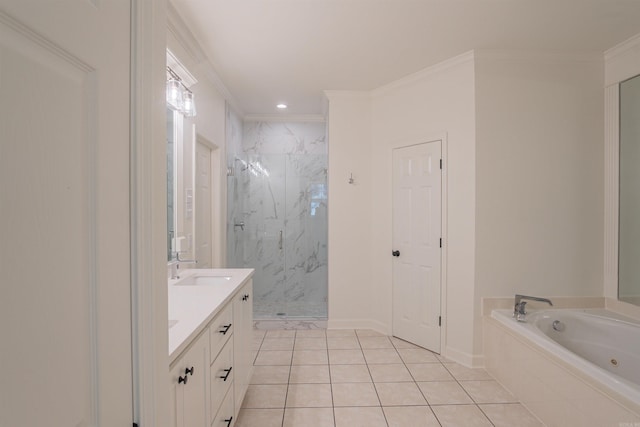 full bath featuring crown molding, a jetted tub, vanity, a marble finish shower, and tile patterned floors