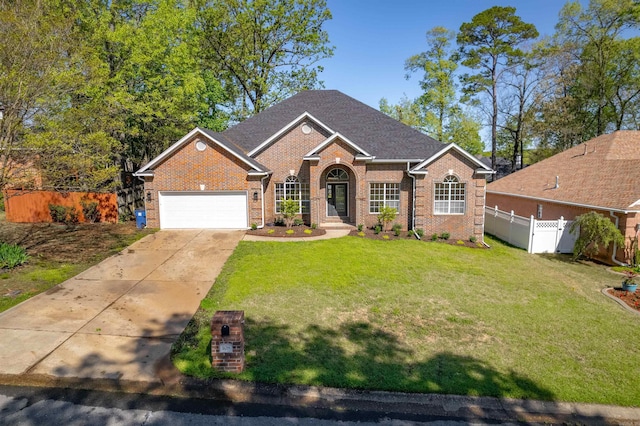 view of front of home featuring a front yard, fence, brick siding, an attached garage, and concrete driveway