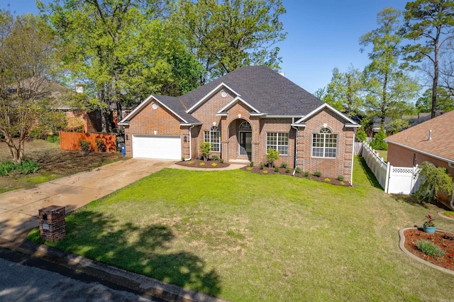 view of front facade with a garage, fence, concrete driveway, brick siding, and a front lawn