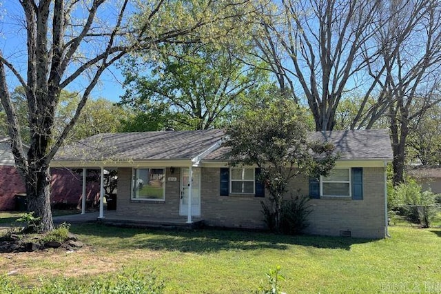 ranch-style home featuring crawl space, a front lawn, and brick siding