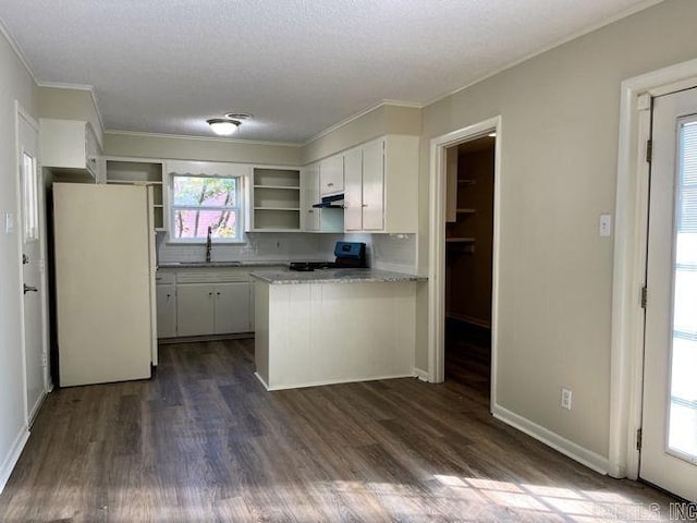 kitchen featuring a peninsula, freestanding refrigerator, open shelves, range with electric cooktop, and a sink