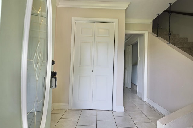 102 Windsor Pl, Hot Springs, AR 71901 - interior space with baseboards, stairway, light tile patterned flooring, and crown molding