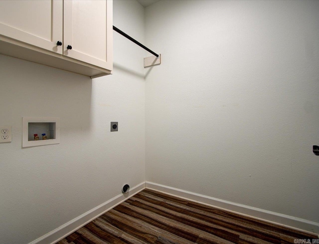 341 Diamondhead Dr, Hot Springs, AR 71913 - clothes washing area featuring hookup for a washing machine, electric dryer hookup, dark wood-style flooring, baseboards, and cabinet space