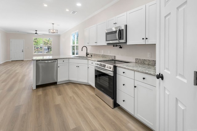kitchen featuring visible vents, white cabinets, a sink, a peninsula, and stainless steel appliances