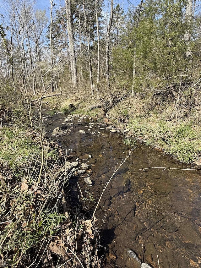 view of landscape featuring a forest view
