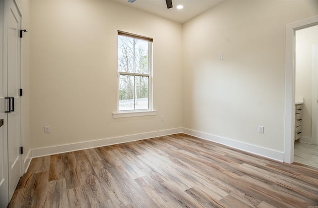 unfurnished bedroom with baseboards, light wood-type flooring, recessed lighting, and a ceiling fan
