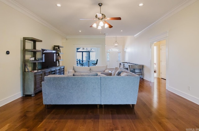 3015 Woodsgate, Little Rock, AR 72211 - living area with crown molding, baseboards, a ceiling fan, and dark wood-style flooring