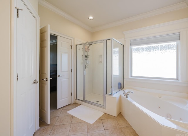 3015 Woodsgate, Little Rock, AR 72211 - full bathroom featuring a tub with jets, crown molding, recessed lighting, tile patterned floors, and a stall shower