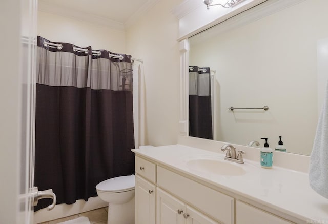 3015 Woodsgate, Little Rock, AR 72211 - bathroom featuring a shower with shower curtain, vanity, ornamental molding, tile patterned floors, and toilet