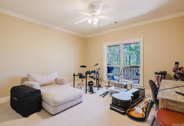 3015 Woodsgate, Little Rock, AR 72211 - sitting room featuring baseboards, crown molding, a ceiling fan, visible vents, and carpet