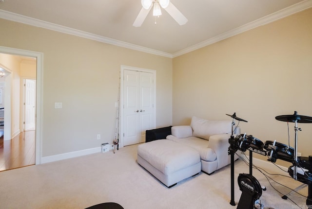 3015 Woodsgate, Little Rock, AR 72211 - sitting room with crown molding, light carpet, a ceiling fan, and baseboards