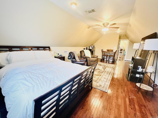 2832 Lacrosse Rd, Melbourne, AR 72556 - bedroom featuring ceiling fan, visible vents, hardwood / wood-style flooring, and lofted ceiling