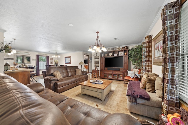 110 N Horatio Homesites Rd, Horatio, AR 71842 - living room with crown molding, visible vents, a chandelier, and a textured ceiling