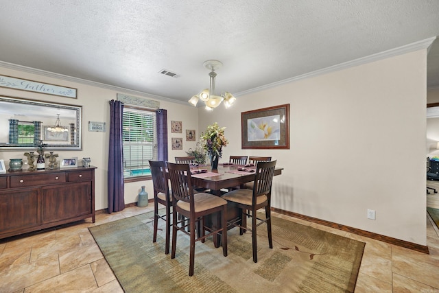110 N Horatio Homesites Rd, Horatio, AR 71842 - dining room featuring baseboards, visible vents, a textured ceiling, and ornamental molding