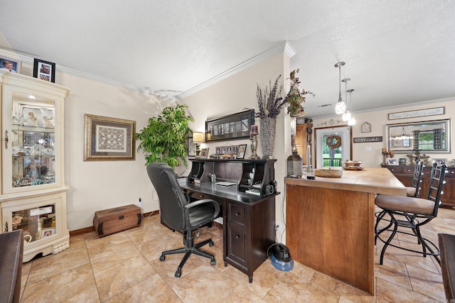 110 N Horatio Homesites Rd, Horatio, AR 71842 - office area with baseboards, a textured ceiling, and crown molding