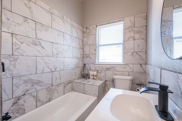 full bath with walk in shower, a bathing tub, a sink, and toilet