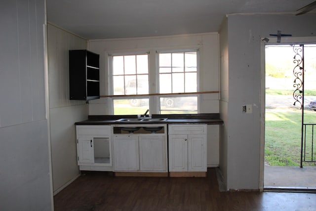 kitchen featuring a wealth of natural light, a sink, dark wood-style floors, and dark countertops