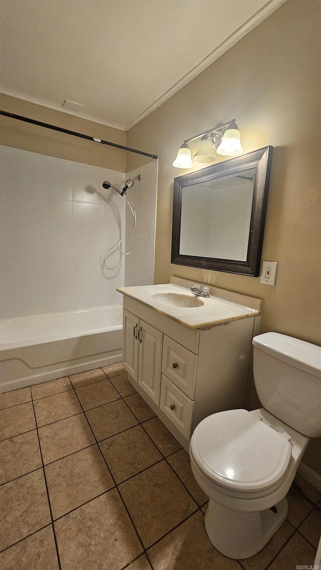 full bathroom featuring toilet, shower / bath combination, tile patterned flooring, crown molding, and vanity