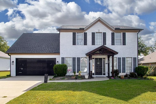3712 Hazelwood Dr, Benton, AR 72015 - colonial house with brick siding, a front lawn, a garage, and concrete driveway