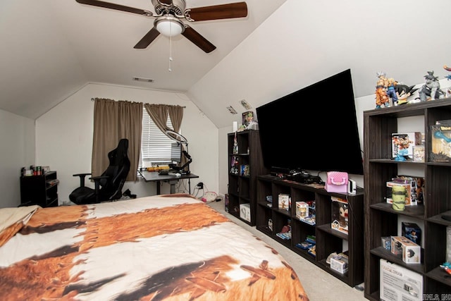 3712 Hazelwood Dr, Benton, AR 72015 - carpeted bedroom featuring visible vents, ceiling fan, and lofted ceiling