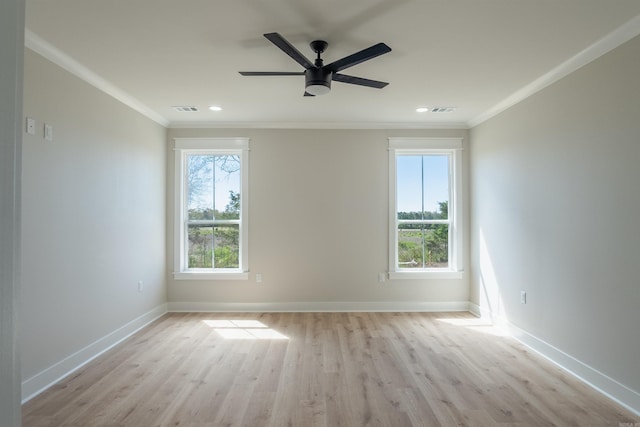 240 Michelle Dr, Beebe, AR 72012 - spare room featuring visible vents, baseboards, ceiling fan, light wood-style floors, and crown molding