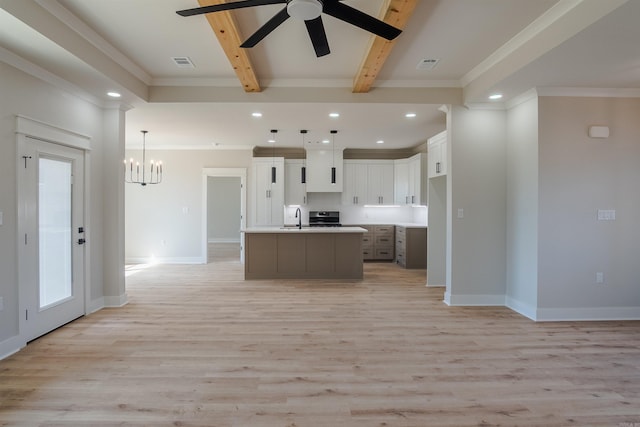 240 Michelle Dr, Beebe, AR 72012 - kitchen with recessed lighting, visible vents, beamed ceiling, and a sink