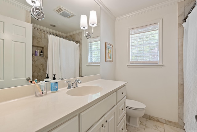 5 Huntington Rd, Little Rock, AR 72227 - bathroom with crown molding, visible vents, marble finish floor, and a healthy amount of sunlight