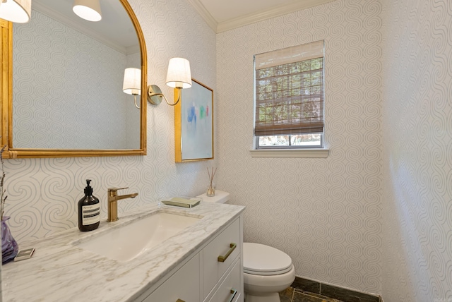 5 Huntington Rd, Little Rock, AR 72227 - bathroom featuring toilet, crown molding, vanity, and wallpapered walls