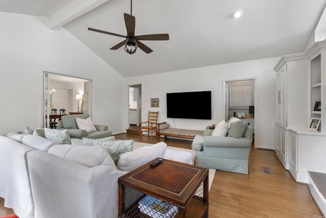 5 Huntington Rd, Little Rock, AR 72227 - living area with visible vents, light wood-style floors, beamed ceiling, ceiling fan, and high vaulted ceiling