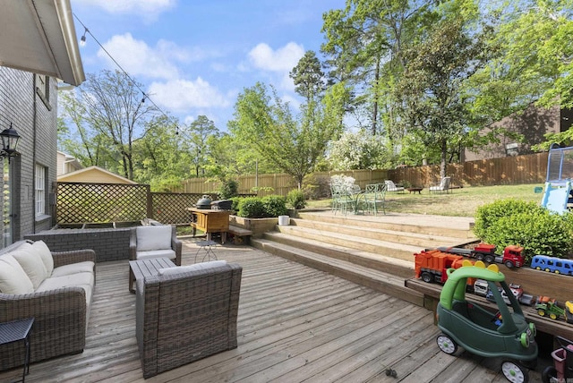 5 Huntington Rd, Little Rock, AR 72227 - wooden terrace with a fenced backyard, outdoor lounge area, and outdoor dining area