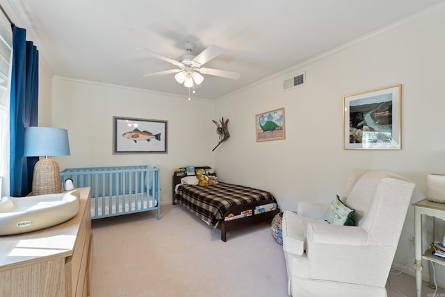 5 Huntington Rd, Little Rock, AR 72227 - bedroom with carpet, visible vents, ceiling fan, and ornamental molding