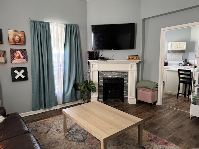 living area with dark wood-type flooring and a tile fireplace