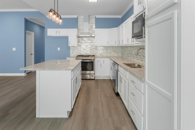 8010 Kanis Oaks Dr, Little Rock, AR 72204 - kitchen featuring a sink, wall chimney exhaust hood, wood finished floors, and stainless steel appliances
