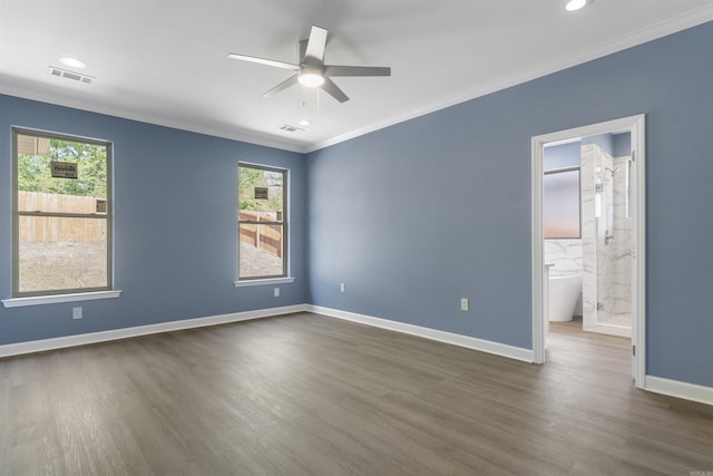 8010 Kanis Oaks Dr, Little Rock, AR 72204 - unfurnished room with a ceiling fan, dark wood finished floors, ornamental molding, and visible vents