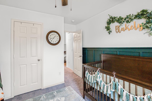 bedroom featuring ceiling fan and carpet floors