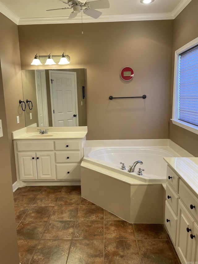 bathroom with crown molding, ceiling fan, vanity, and a garden tub