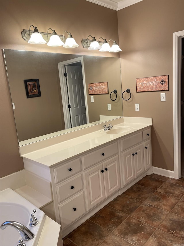 bathroom featuring crown molding, a tub to relax in, baseboards, and vanity