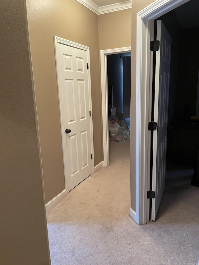hall with crown molding, baseboards, and carpet
