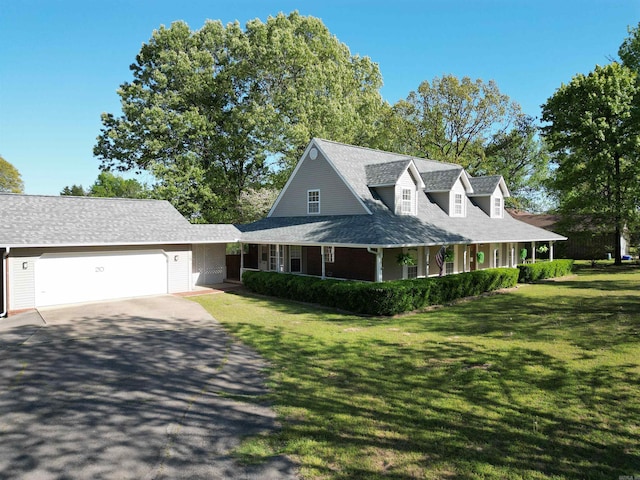 country-style home featuring a garage, a front yard, driveway, and covered porch