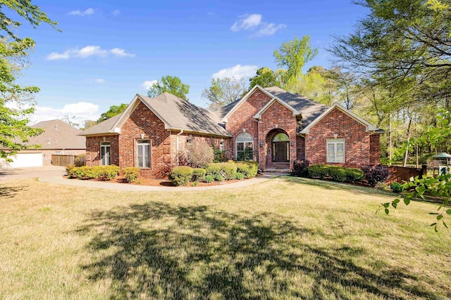 view of front of home with brick siding, a front lawn, fence, and a shingled roof