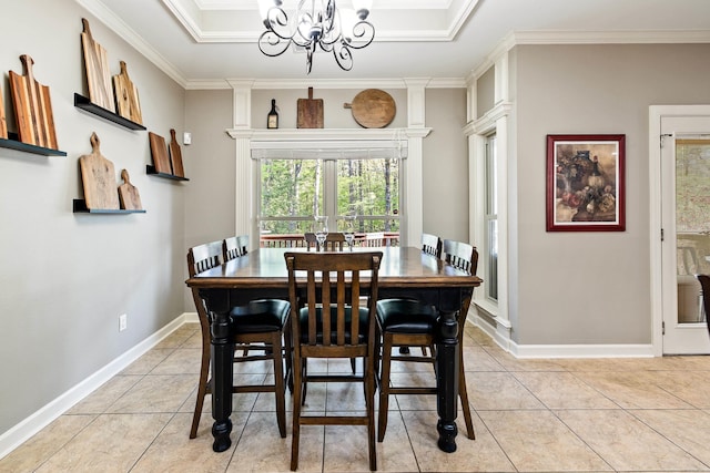 dining area with baseboards, an inviting chandelier, crown molding, and light tile patterned flooring